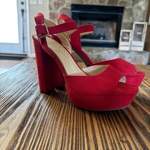 Stylish Red Suede Platform Heels